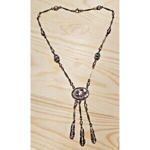 Art Deco Amethyst Purple Foiled Czech Art Glass Lavalier Necklace Antique VTG